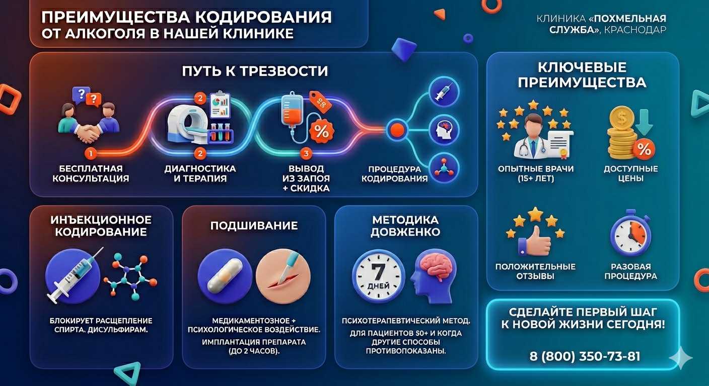 Инфографика о методах кодирования от алкоголя в Кош-Агаче: инъекции, подшивание, метод Довженко. Преимущества клиники и этапы лечения.