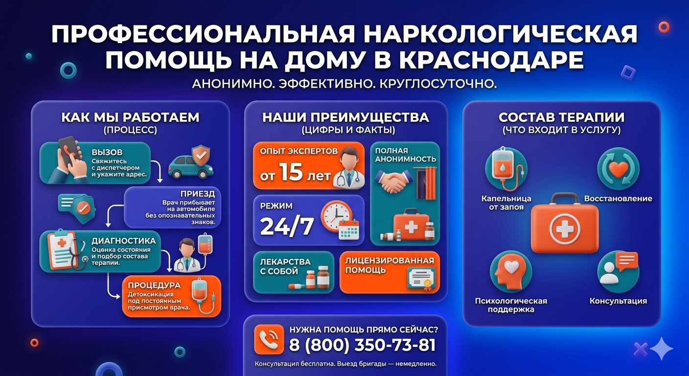 Инфографика о принципах лечения алкоголизма на дому в Кош-Агаче: этапы вызова нарколога, преимущества анонимной детоксикации и состав медицинской помощи.